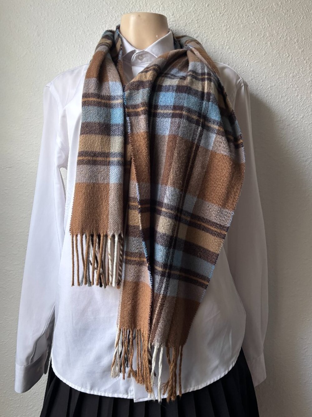 Brown Blue Plaid Fringe Scarf Herringbone Woven Soft Winter Unisex Neck Scarf